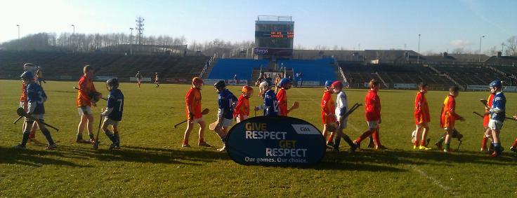 The Castlebar Mitchels and Claremorris sides demonstrate the 'Respect Initiative' protocol after their recent U13 Hurling Supertouch Exhibition game in McHale Park, while the Roscommon and Mayo sides get ready to commence the second half of their NHL tie.