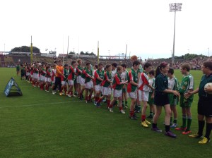 The children of Cumann na mBunscol Connacht and Seoul Gaels line up for the "Respect" handshake prior to their exhibition match