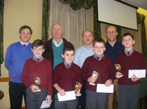 Winners Breaffy N. S., Castlebar, pictured with Cumann na mBunscol officers Tony Fahy, Pat Dowling, Quizmaster Dermot Keane and their teacher Seán Grealis.